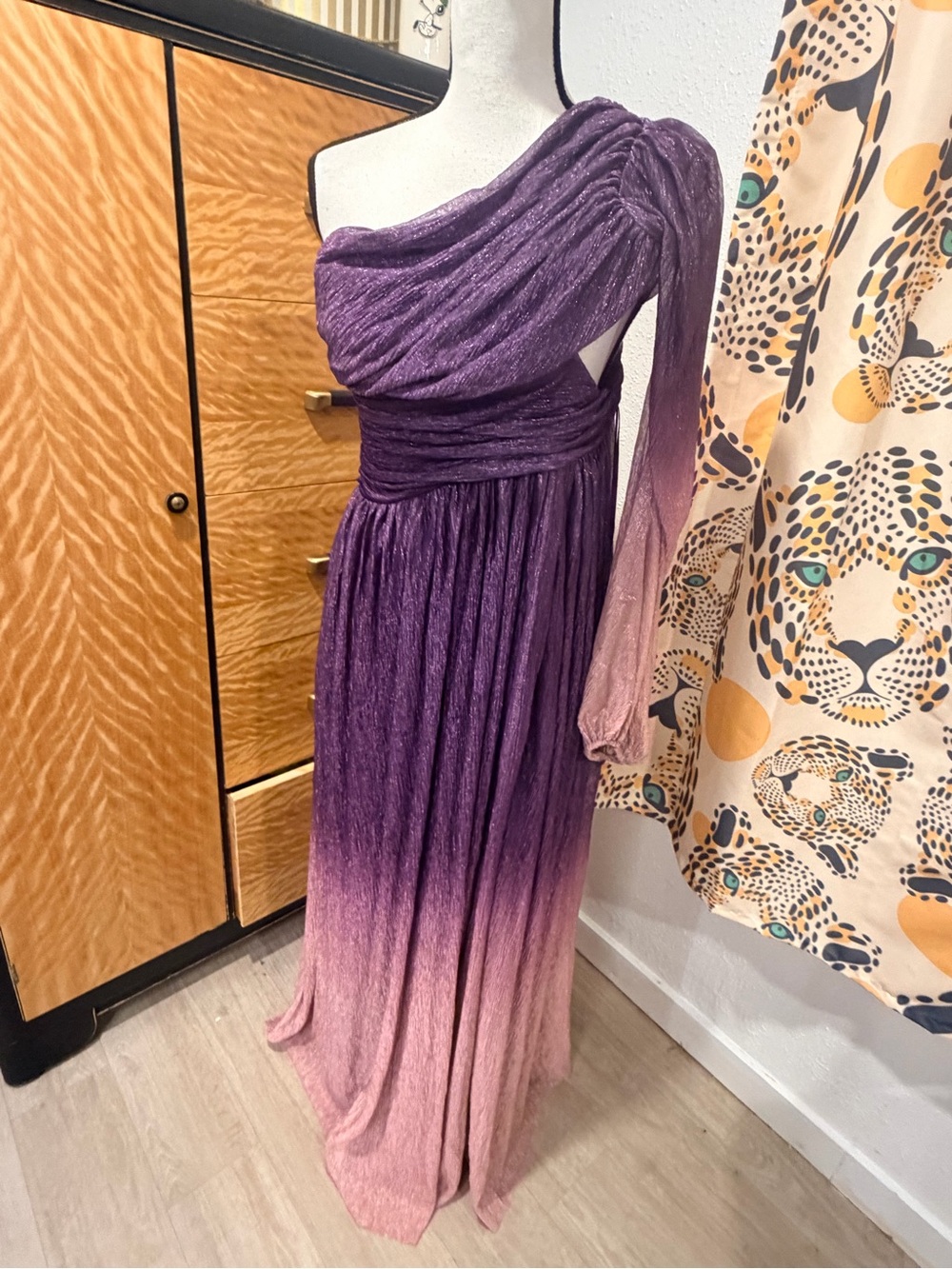 Fashion Nova One Shoulder Ombre Purple Pink Evening Gown Glitter Dilemma NWT L
